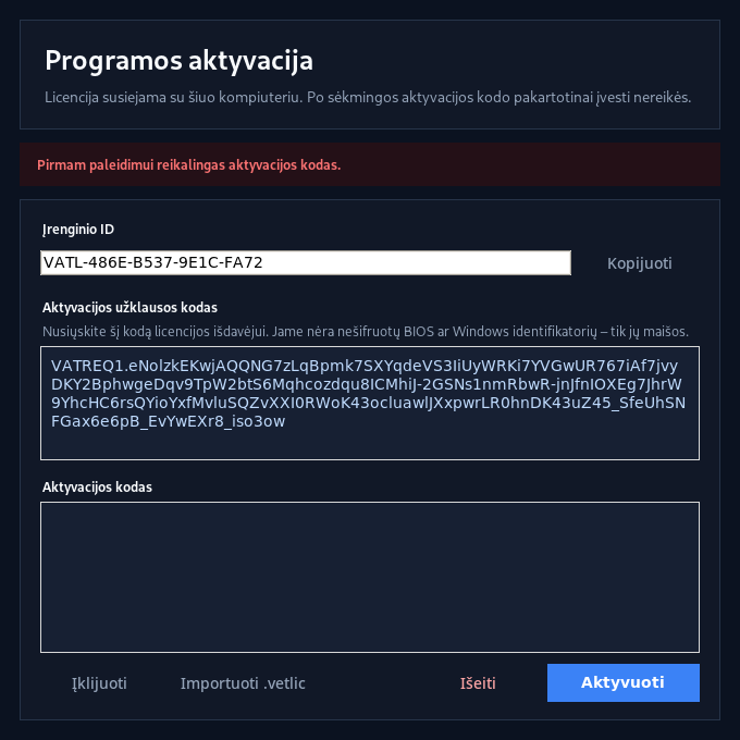 Vet Anatomy LT aktyvacijos langas